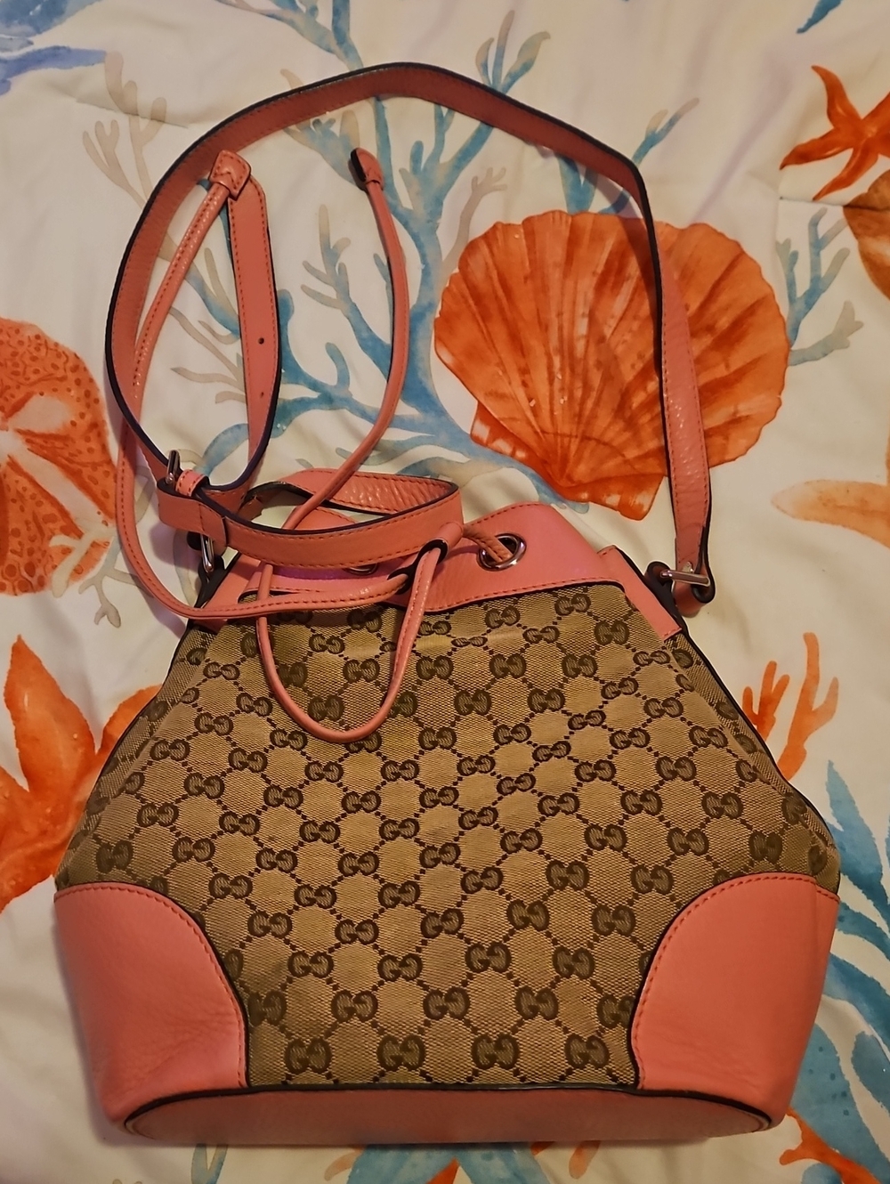 Gucci Beige GG Canvas Crossbody with Pink Leather Trim